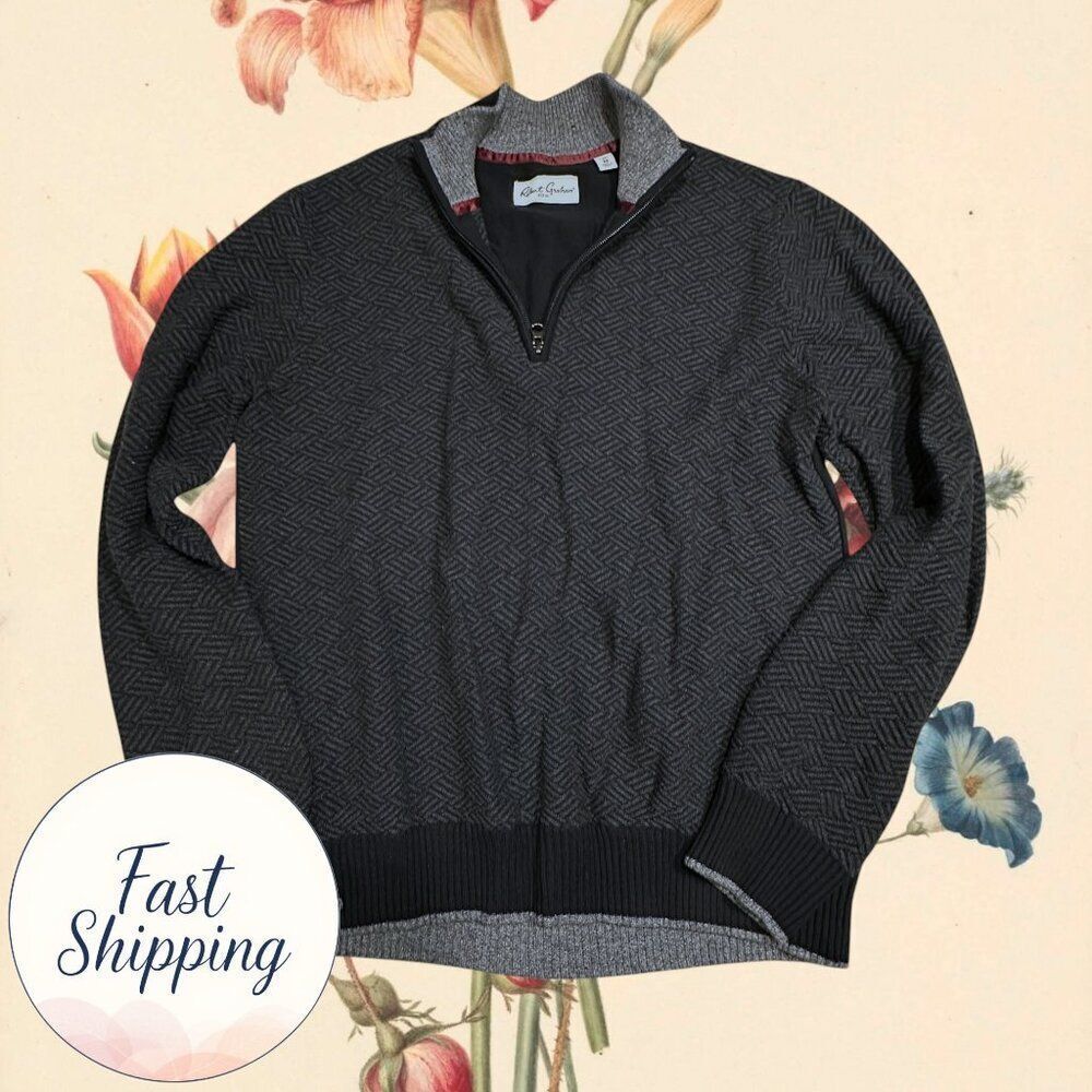 Robert Graham Mens Sweater SIZE M MEDIUM Knit Half Zip Pullover Gray Cotton